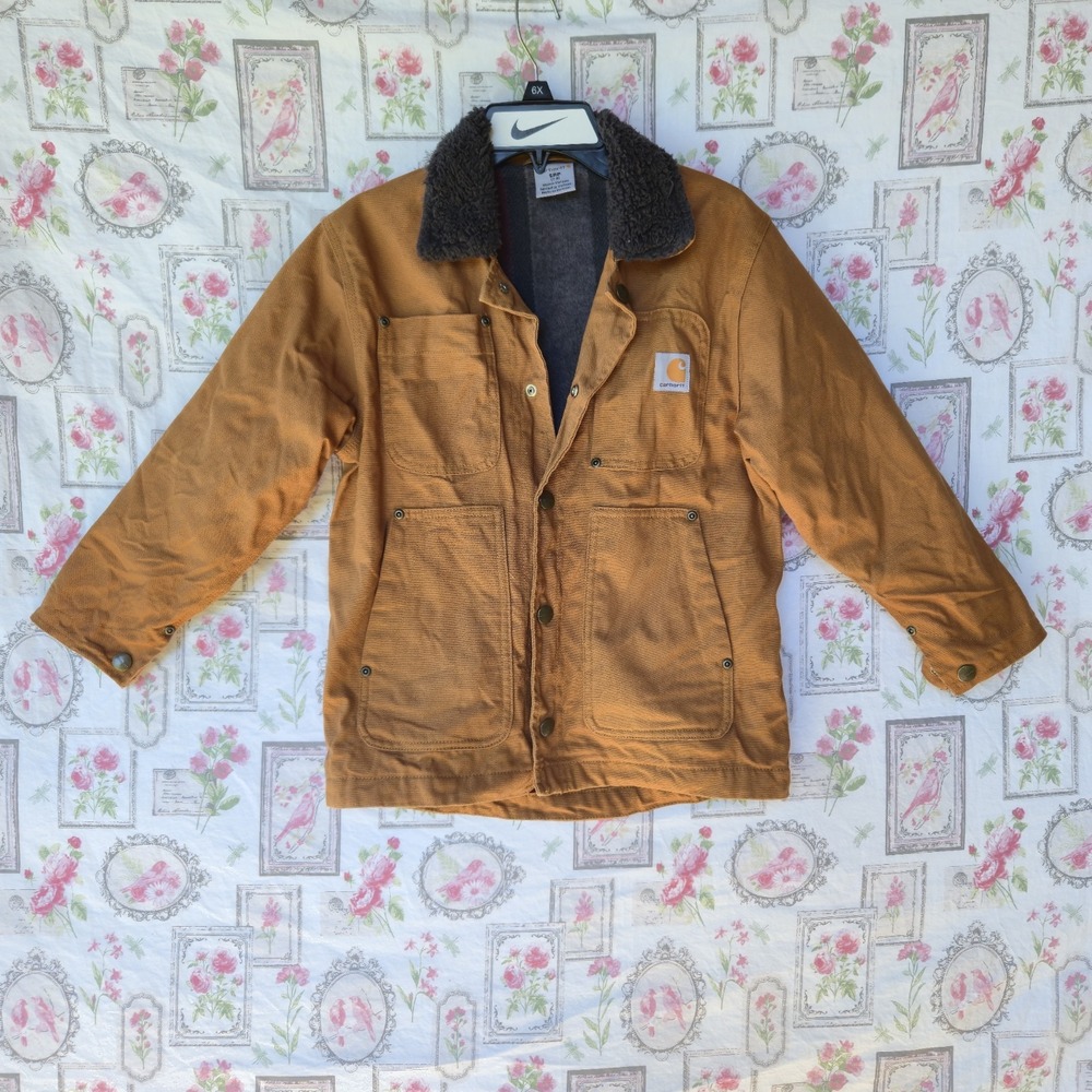 Carhartt Boys Youth Small 7-8 Chore Coat Jacket Blanket Lined Sherpa Brown Duck